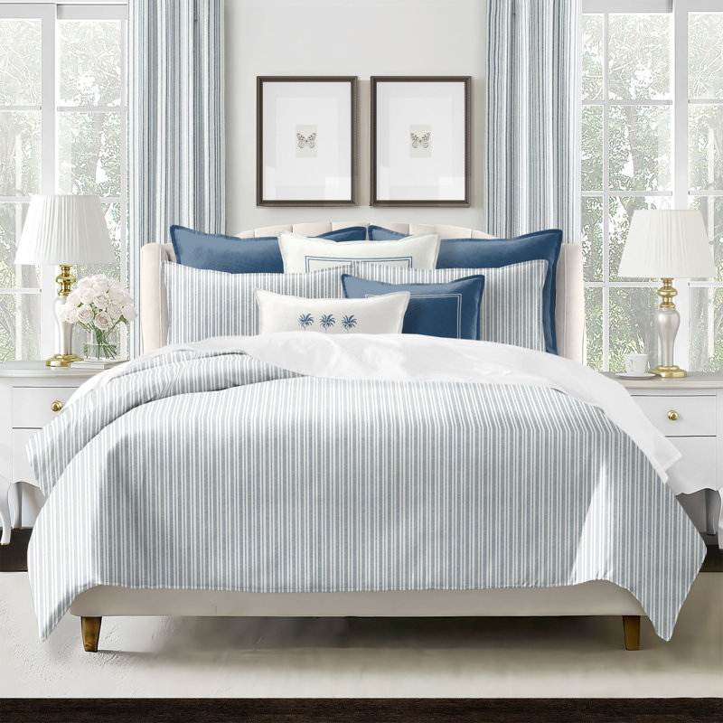 Pacific Stripe Cotton Reversible Coverlet Set, Denim, Twin Coverlet/Bedspread + 2 Standard Shams