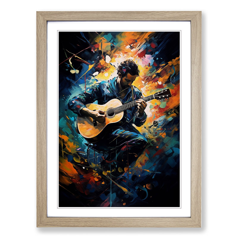 Acoustic Guitar Expressionism No.2 - Single Picture Frame Print on Wood, 34cm H x 25cm W x 2cm D, Oak