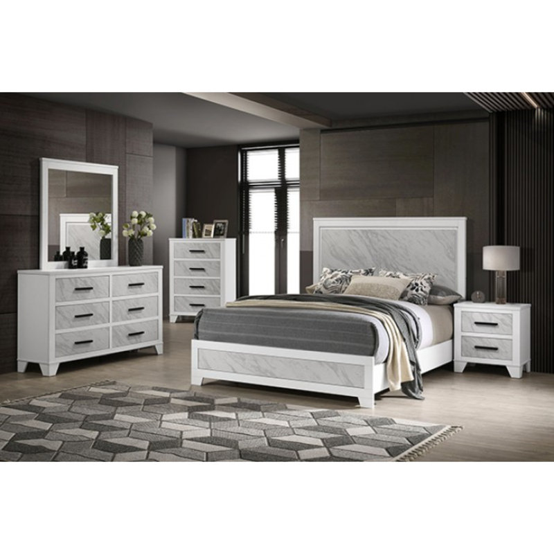 Contemporary 4-Drawer Faux Marble Inset Solid Rubberwood Hachaliah with Metal Glide and Black Bar Pulls