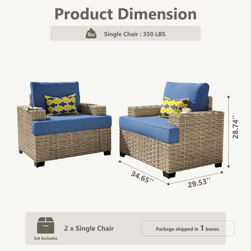 Ensemble de 2 fauteuils d'extérieur modernes en osier avec coussins Carolle, Bleu denim