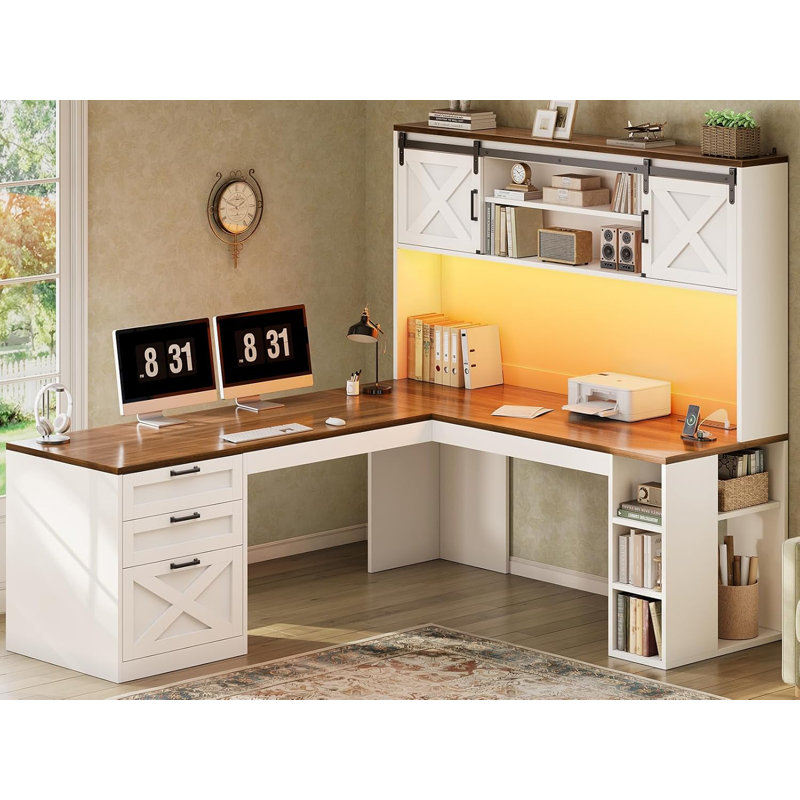 Bureau d'ordinateur en L avec bureaux en L 67 po, Blanc / Brun