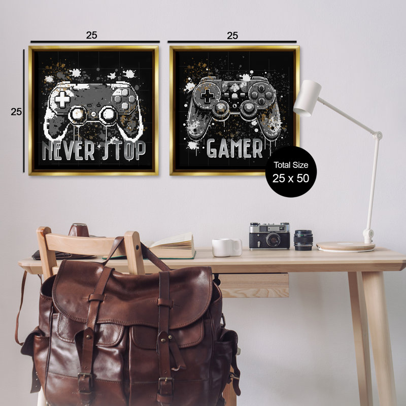  «Never Stop Modern Gamer», ensemble de 2 toiles flottantes encadrées par Kim Allen, H 25 po x l 25 po