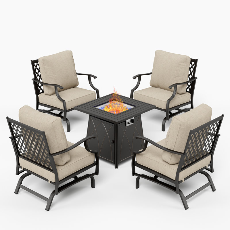 Ensemble de conversation d'extérieur pour 4 personnes avec chaises berçantes et table de foyer Asfand, Beige