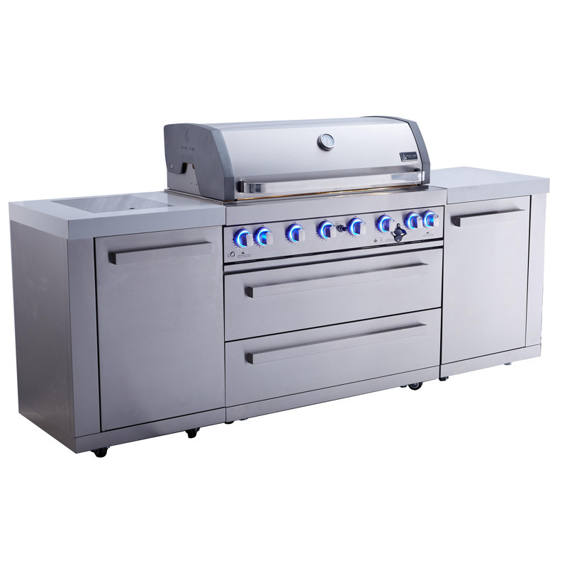 Îlot de cuisine d'extérieur en acier inoxydable de qualité supérieure L 94 po x P 23 po x H 46 po avec brûleur latéral infrarouge + barbecue à 6 brûleurs de 44 po + brûleur de rôtisserie + comptoirs en granite + armoires et tiroirs de rangement + convertible au gaz naturel + à vie Mont Monti Garantie