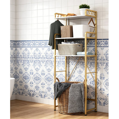 3-Tier Over Toilet Storage Rack with Hooks, Space Saver Shelf, White & Gold
