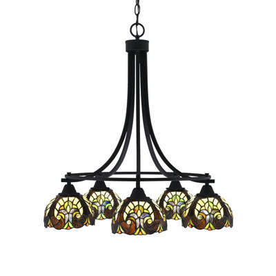 Paramount 5 Light Downlight Chandelier Shown In Matte Black Finish With 7" Ivory Cypress Art Glass