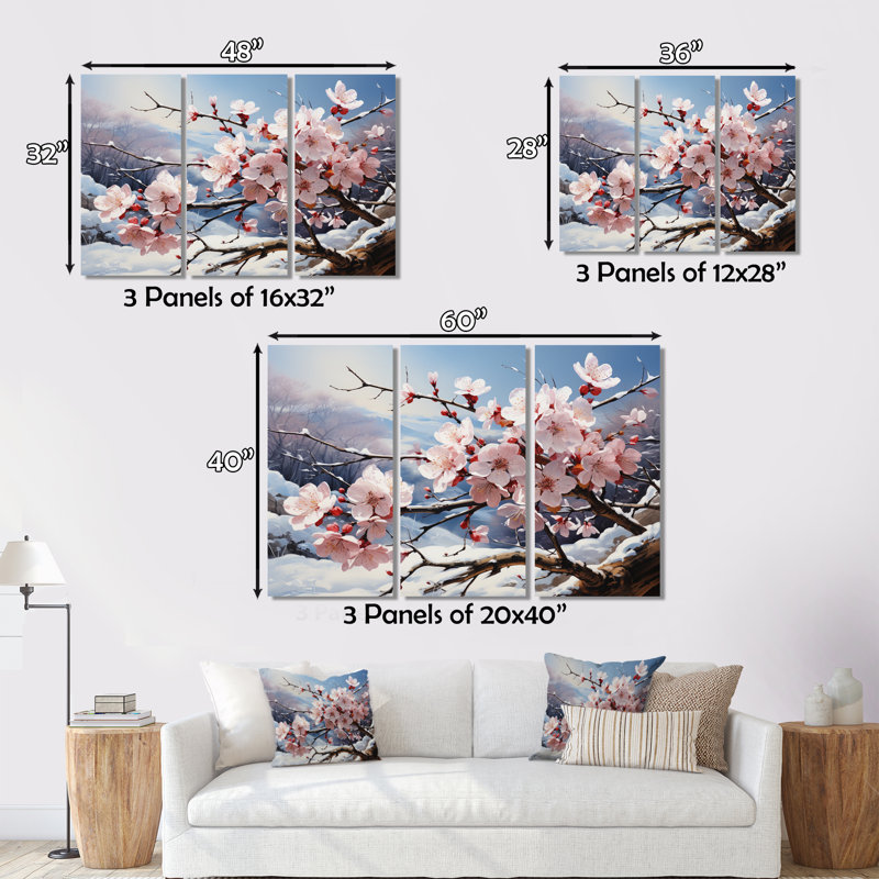 «Winter Blossoms II» sur toile, reproduction de 3 pièces, H 28 po x l 36 po x P 1 po