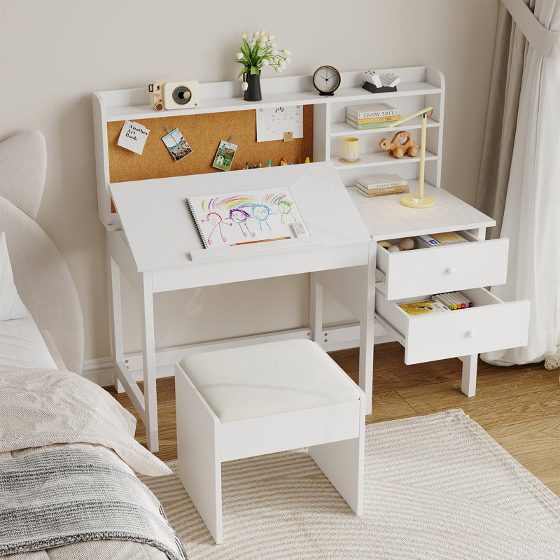 Kids Desk and Chair Set with Storage Drawers for Bedroom or Living Room, White