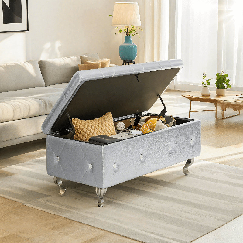 Storage Ottoman Bench For Bedroom, PU Leather Upholstered Rectangle Entryway Bench With Legs & Crystal Buttons, 37.4" Folding Storage Bench For  Living Room, Bedroom, End Of Bed, Entryway