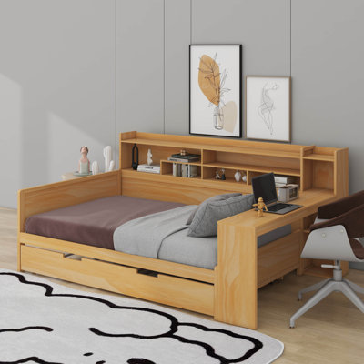 Full Size Daybed With Storage Shelves,Trundle Bed And Study Desk