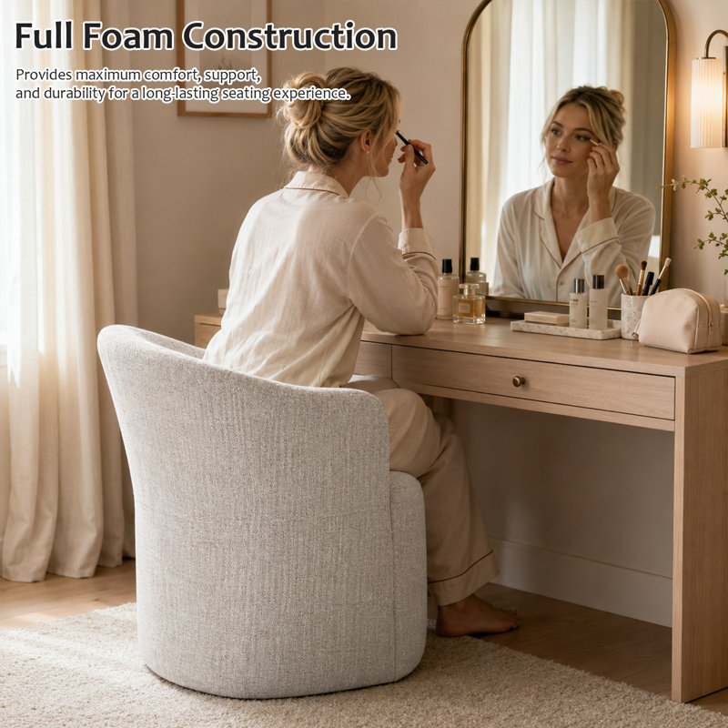 Upholstered Dining Chairs With Casters, Fully Assembled Round Barrel Armchair, Solid Wood Accent Vanity Chair For Dining Room Living Room