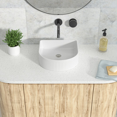 16" Semi-Circular White Ceramic Vessel Bathroom Sink, Modern Above-Counter Basin with Vertical Ribbed Design for Contemporary Bathrooms
