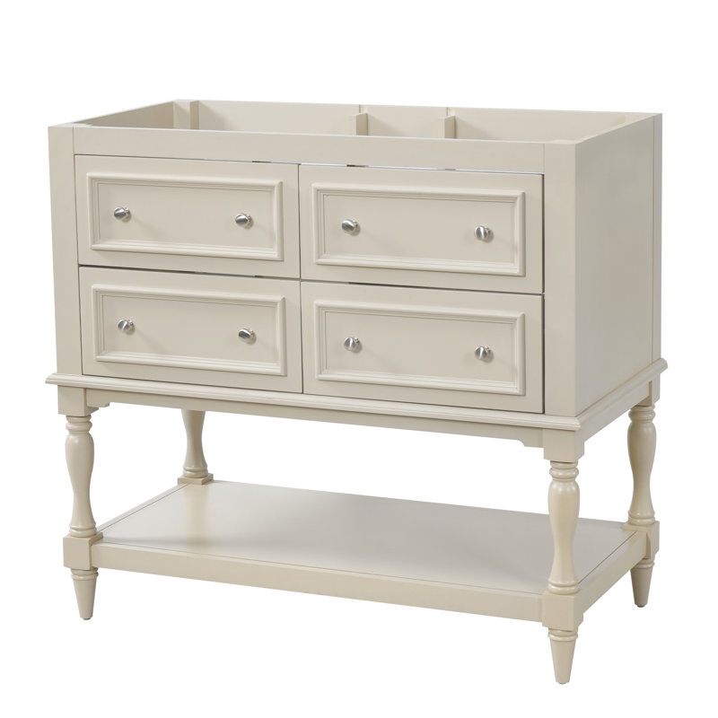 Armoire de salle de bain 36 po, ensemble de meuble-lavabo autoportant avec 4 tiroirs, structure en bois massif, beige, Beige