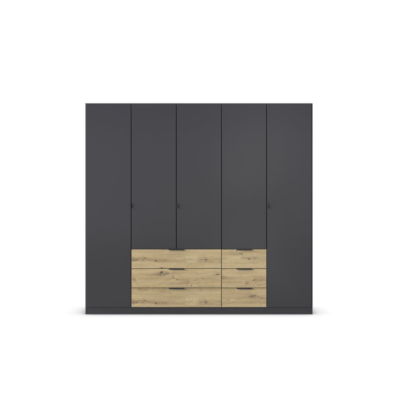 Wardrobe Wardrobe with hinged doors and drawers made in Germany, 210cm H x 226cm W x 54cm D, Gray Metallic/Oak Artisan