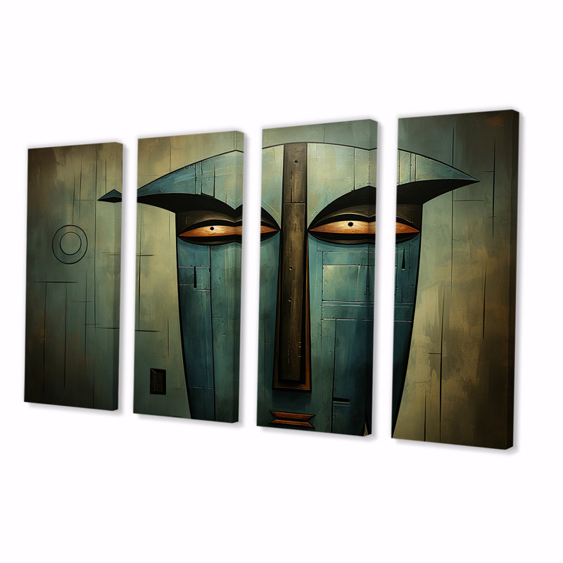 «Green and Blue Mystical African Mask Songye Power» - Masque africain, art mural 4 pièces, H 32 po x l 64 po