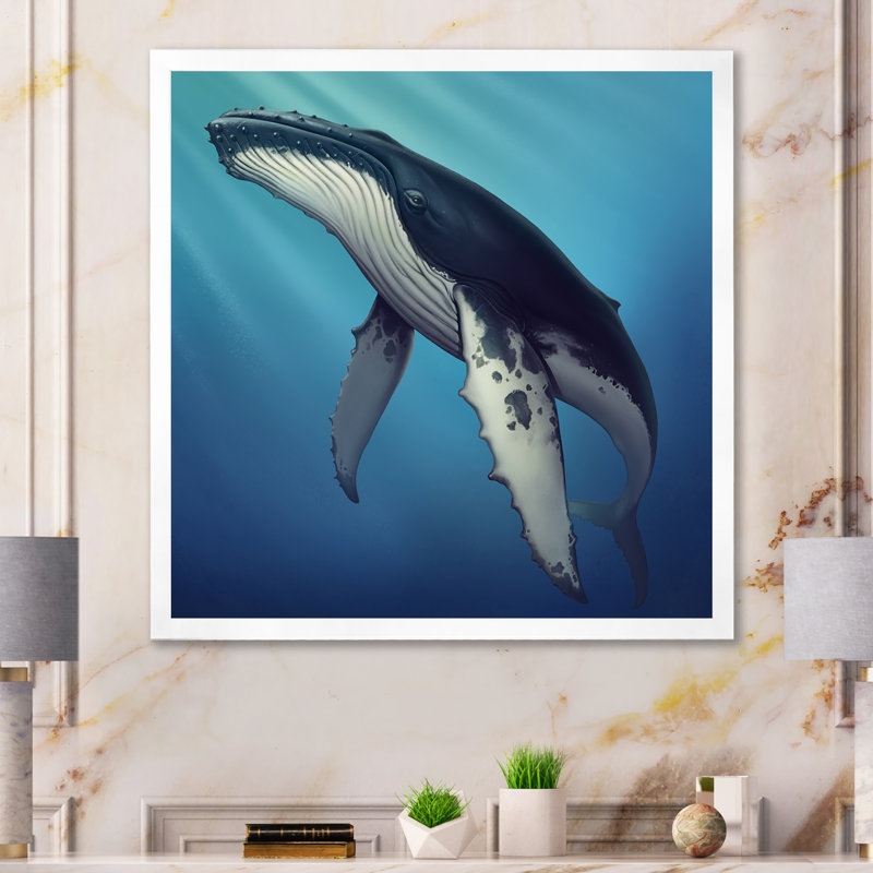 Baleine dans l'océan II - Peinture, Cadre photo blanc, H 30 po x l 30 po x P 1 po
