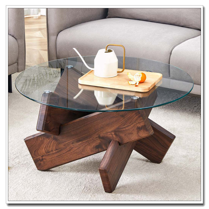 Round  Glass Coffee Table, Walnut