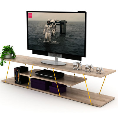 Meuble audio-vidéo en bois massif, meuble télé 56 po Mid-Century, 4 tablettes de rangement ouvertes en chêne, meuble bas avec tablettes