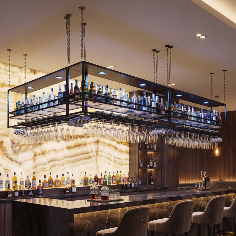 Support à vin 2 en 1 suspendu et mural avec porte-verres, étagères de bar industrielles à 3 niveaux avec éclairage à DEL, support à bouteilles et porte-bouteilles en verre avec clôture pour la maison, le bar et la cuisine