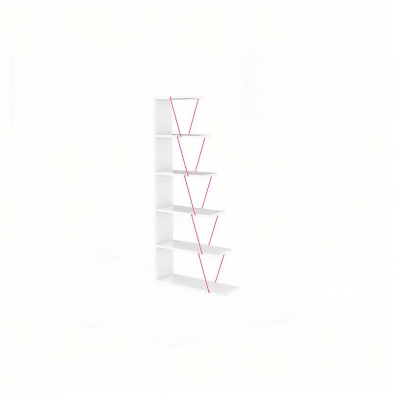 Bibliothèque moderne à 5 niveaux avec échelle, bibliothèque étroite pour petits espaces, blanc / rose