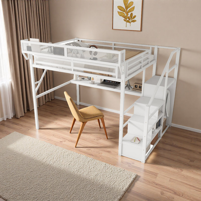 Lit mezzanine avec bureau et station de charge, lit mezzanine en métal avec escalier et lumière pour enfants adolescents