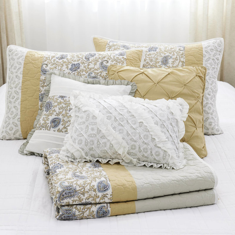 Très grand / très grand couvre-lit, en microfibre jaune, 6 pièces, avec coussins tendance, collection de courtepointe en mélange de coton, très grand