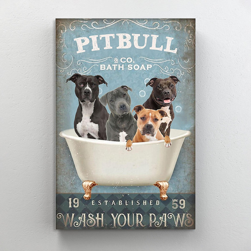 «Four Pitbull Wash Your Paws», impression sur toile tendue