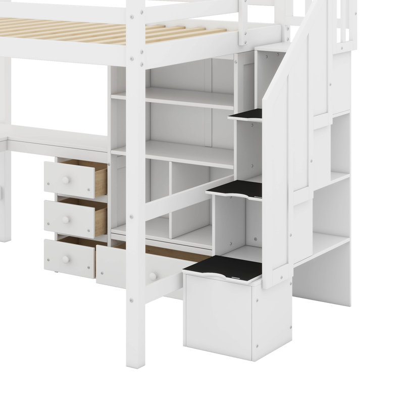 Full Size Loft Bed With Desk And Drawers, White