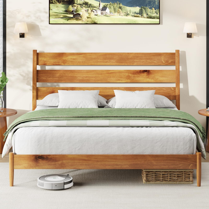 Base de lit en bois massif avec tête de lit ergonomique Flennory, Caramel, Très grand