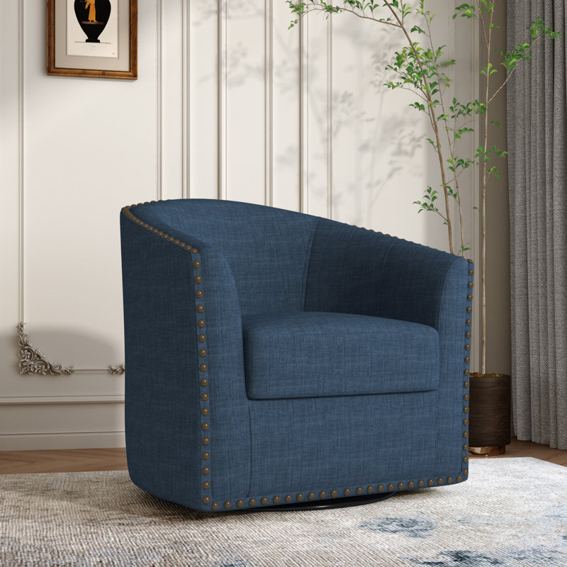 Aunna Nailhead Swivel Barrel Chair, Blue Polyester Blend