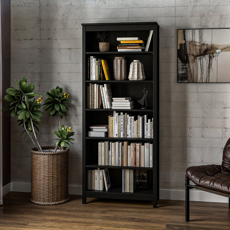 Classic Shaker Style Solid Wood Bookcase, (6 Shelves) 72"H x 30"W x 13.25"D, Black