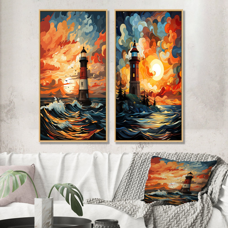 «Coastal Stormy Sunset Lighthouse Breeze I», ensemble de 2 reproductions d'art sur toile, Encadrement brun, H 28 po x l 25 po