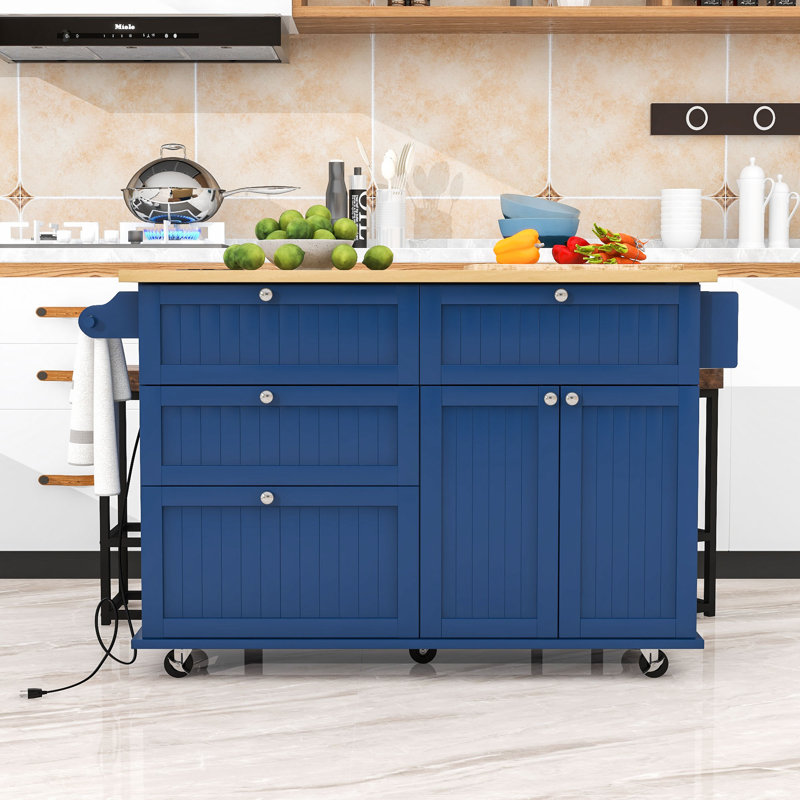 Ensemble d'îlot de cuisine avec abattant, 2 tabourets, tiroirs de rangement et armoire, Bleu