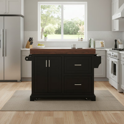 Large Black Multi-Functional Island Countertop, With A Thickened Countertop, Double Drawers, And Shelving; Five Wheels For Storage; Practical And High-End.