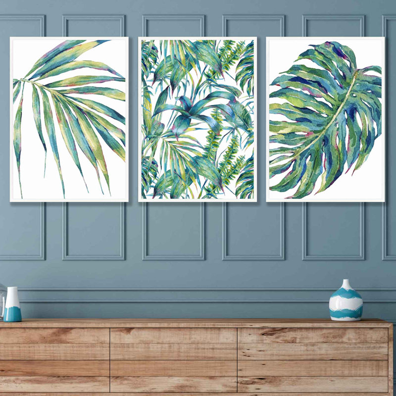Abstract Botanical Tropical Flora In Green - 3 Piece Single Picture Frame Print Set, Grey Framed, 53cm H x 43cm W