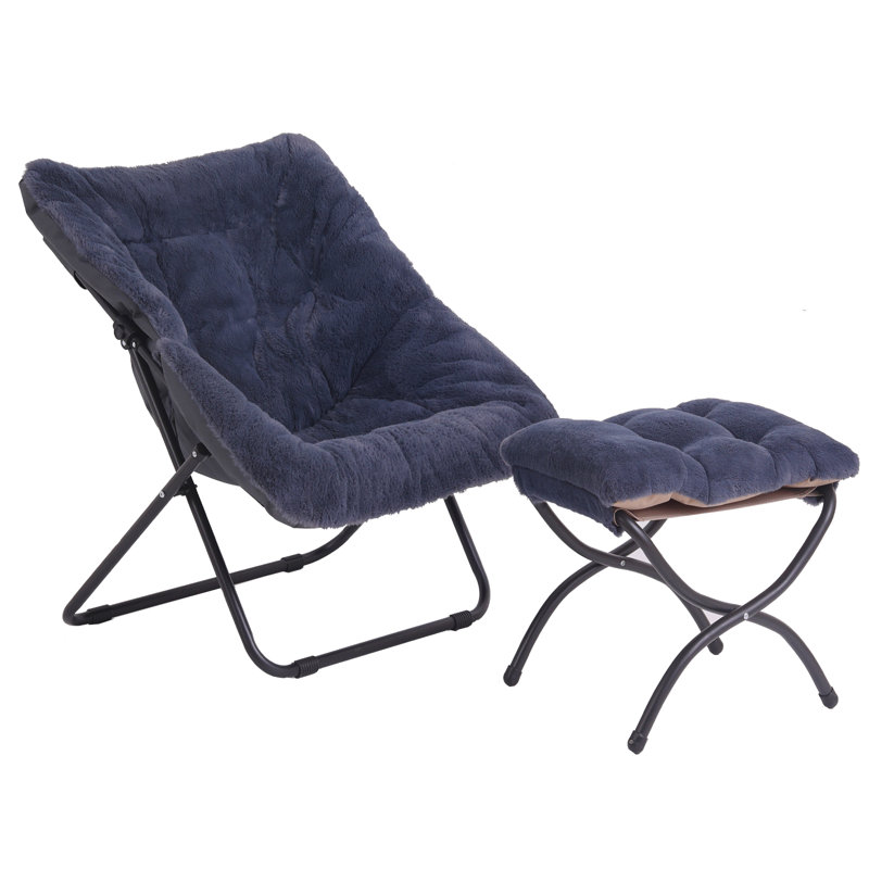Saucer Chair with Ottoman, Soft Faux Fur Oversized Folding Accent Chair, Navy Polyester Blend