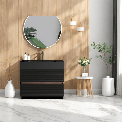 Meuble-lavabo mural élégant et moderne avec rangement, panneau de fibres à densité moyenne et bois, grille noire pour salle de bain