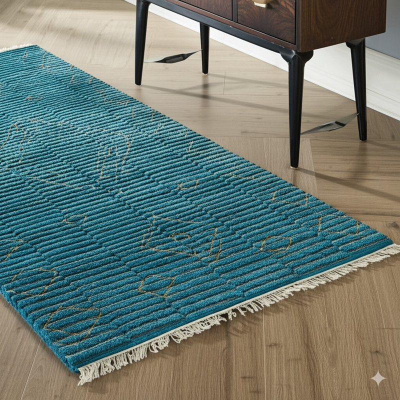 Green Hand-Knotted Wool Striated Emerald Geometric Modern Contemporary Carpet Rug, 4' x 12'