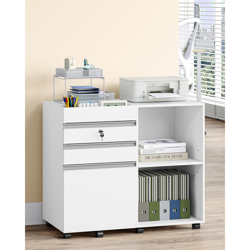 3-Drawer Mobile File Cabinet, Filing Cabinet with Lock, Under Desk Storage with 2 Adjustable Shelves, Fits A4, Legal, Letter, for Home, Office and School, 40 x 80 x 65 cm, White