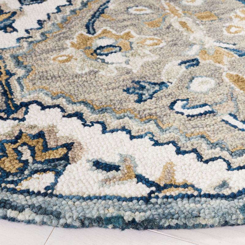 Linh Hand Tufted Wool/Cotton Patchwork Rug in White/Blue, Round 5'