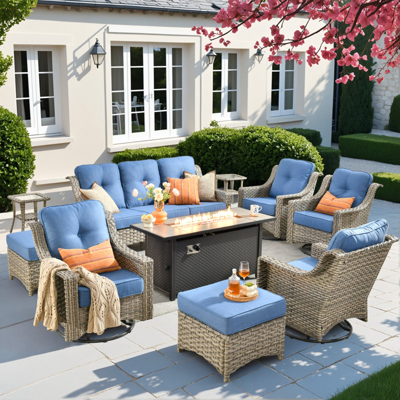 10 Pieces Patio Furniture Set With 53" Fire Pit Table, Outdoor Wicker Swivel Rocking Chairs With Comfy Cushions, All-weather High Back Sofa Couch Set For Backyard Or Lawn