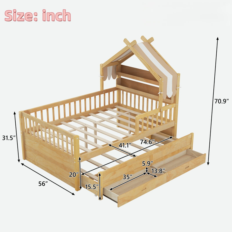 Lit maison avec lit gigogne, tablettes de tête de lit et tiroirs de rangement, Lit double, Naturel