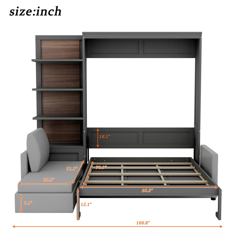 Grand lit escamotable mural avec canapé et tablettes, Gris