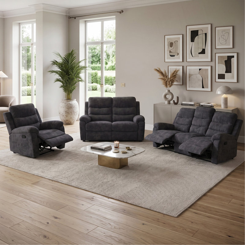 Ensemble de canapés inclinables manuels 3 pièces, canapé + causeuse + fauteuil inclinable, gris foncé