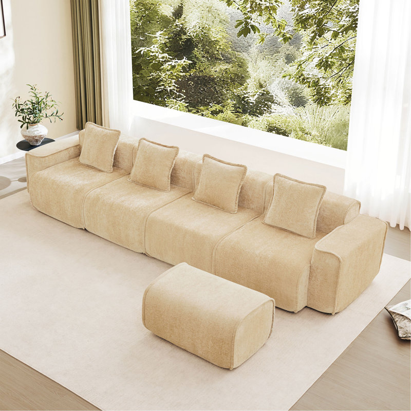 Canapé modulaire en L à 4 places avec passepoil à bordure française, sans assemblage requis, canapé à 4 places avec coussins décoratifs et 1 repose-pieds mobile, tissu de velours