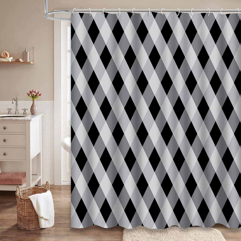 Rideau de douche noir à motif abstrait en toile de vichy noire avec 12 crochets, L 72 po x l 72 po