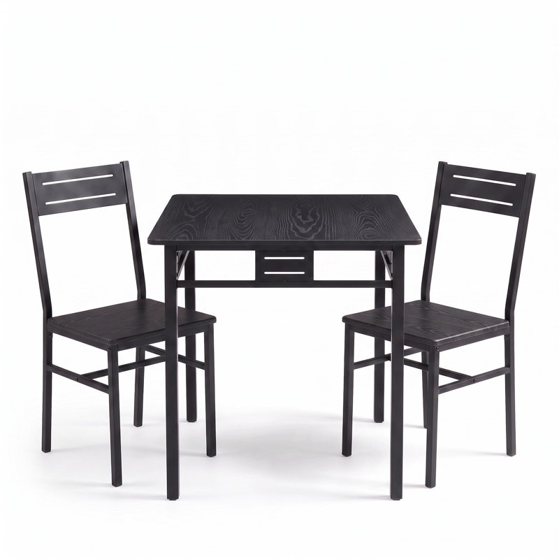 Ensemble de salle à manger 3 pièces pour 2 personnes, table et chaises carrées compactes, style vintage pour petits espaces, noir
