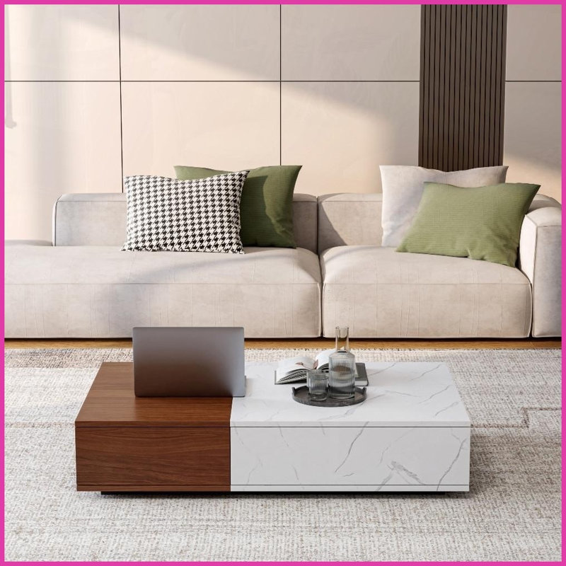 Walnut Marble Veneer Coffee Table with 2 Storage Spaces - Space-Saving Living Room Pick, Sturdy &amp; Organized