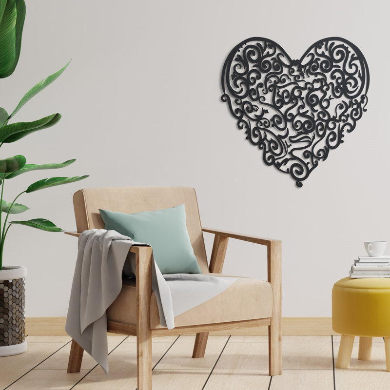 Art mural en métal avec cœurs - Motif décoratif ornemental complexe (grand, noir), Noir, H 29,5 po x l 29,5 po x P 1 po
