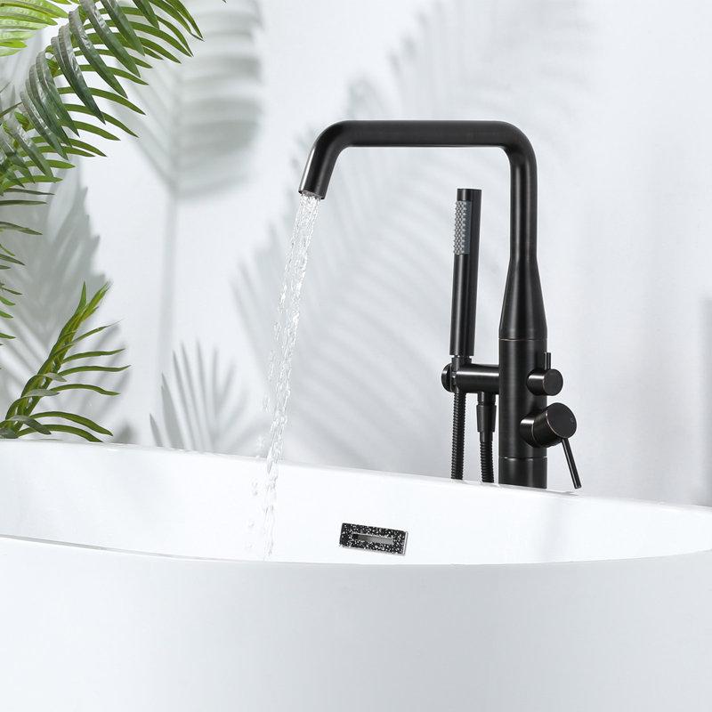 Double Handle Floor Mounted Freestanding Tub Faucet With Handheld Shower In Oil Rubbed Bronze, Oil Rubbed Bronze